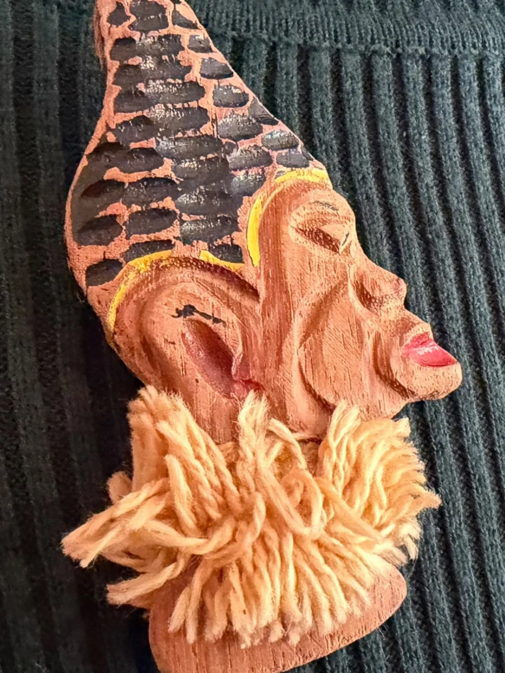 Vintage Elzac Brooch - Carved Wooden Face with a Textured Black Hat & Beige Yarn